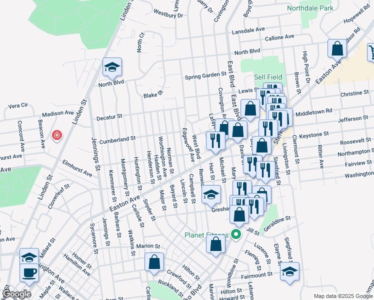 map of restaurants, bars, coffee shops, grocery stores, and more near 1123 Belmont Street in Bethlehem
