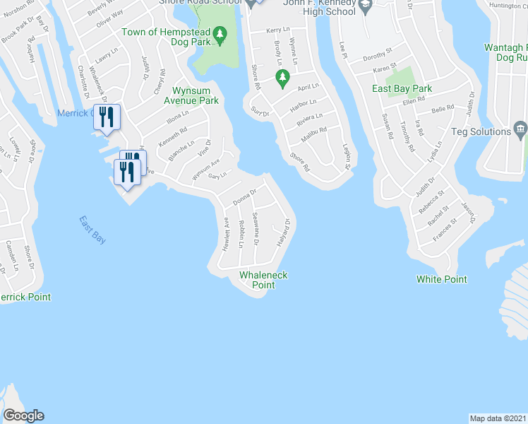 map of restaurants, bars, coffee shops, grocery stores, and more near 2114 Pemaco Road in Merrick