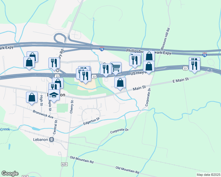 map of restaurants, bars, coffee shops, grocery stores, and more near 602 Clark Rd in Lebanon