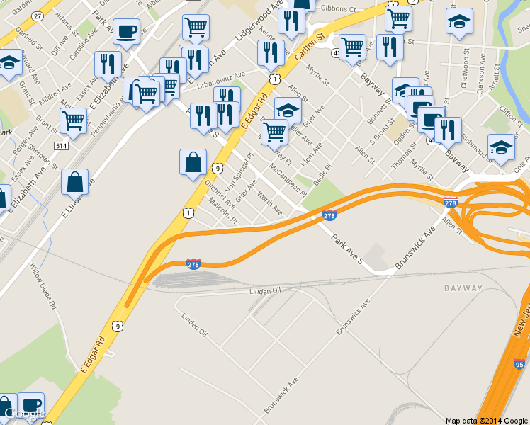 map of restaurants, bars, coffee shops, grocery stores, and more near 1800 Klem Avenue in Linden