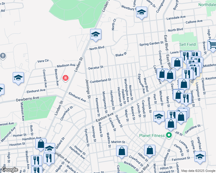 map of restaurants, bars, coffee shops, grocery stores, and more near 2127 Monterey Street in Bethlehem