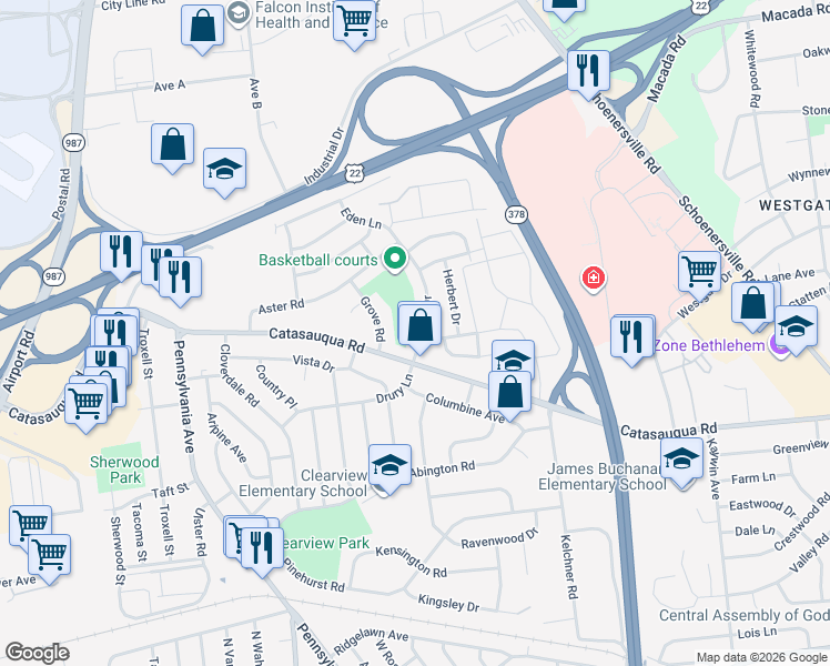 map of restaurants, bars, coffee shops, grocery stores, and more near 2129 Allwood Drive in Bethlehem