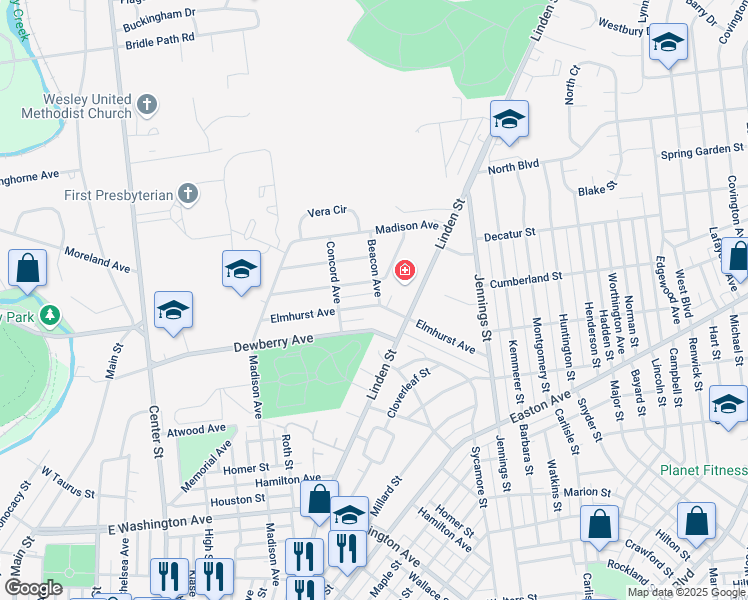 map of restaurants, bars, coffee shops, grocery stores, and more near 541 Elmhurst Avenue in Bethlehem