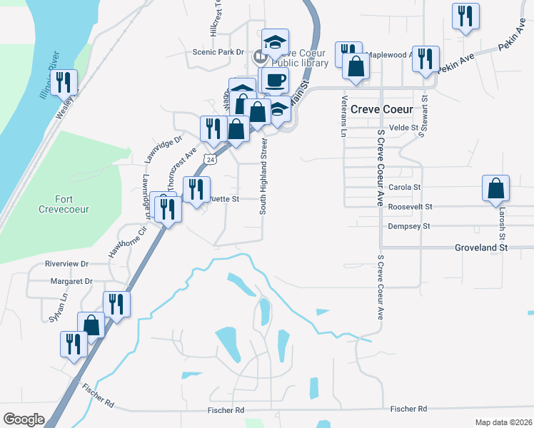 map of restaurants, bars, coffee shops, grocery stores, and more near 316 South Highland Street in Creve Coeur