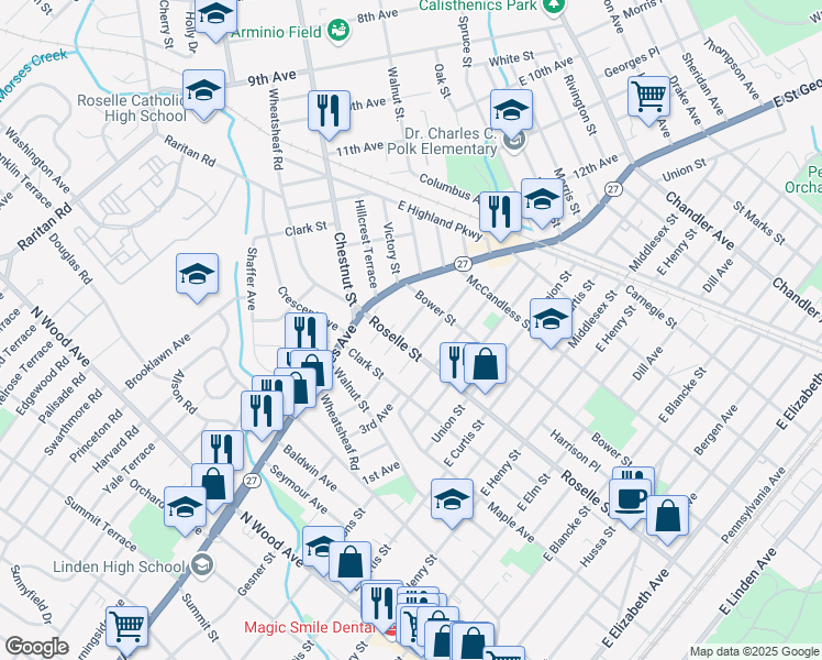 map of restaurants, bars, coffee shops, grocery stores, and more near 612 Pierce Avenue in Linden
