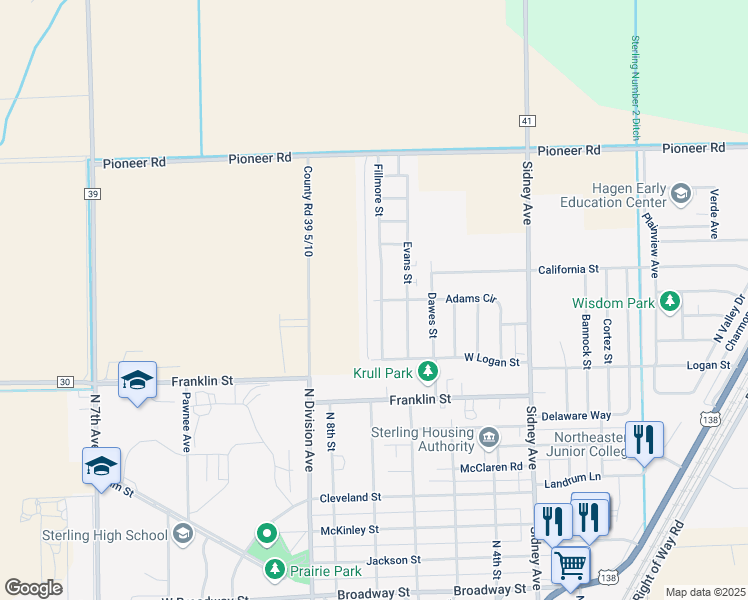 map of restaurants, bars, coffee shops, grocery stores, and more near 1421 Fillmore Street in Sterling