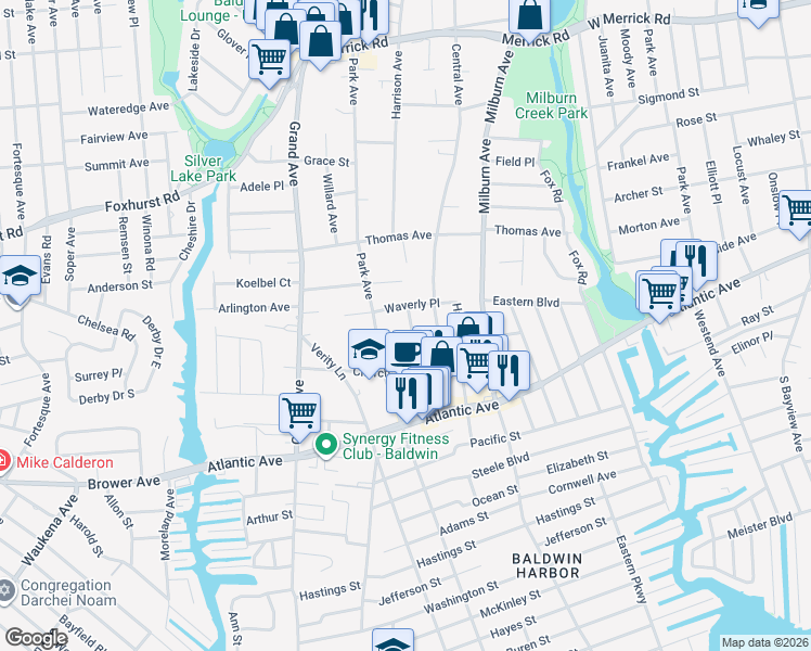 map of restaurants, bars, coffee shops, grocery stores, and more near 2755 Homan Place in Baldwin