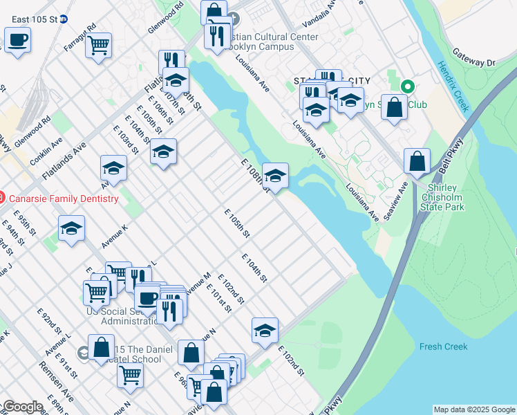 map of restaurants, bars, coffee shops, grocery stores, and more near 10551 Flatlands 6th St in Brooklyn