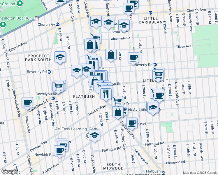 map of restaurants, bars, coffee shops, grocery stores, and more near 2242 Clarendon Road in Brooklyn