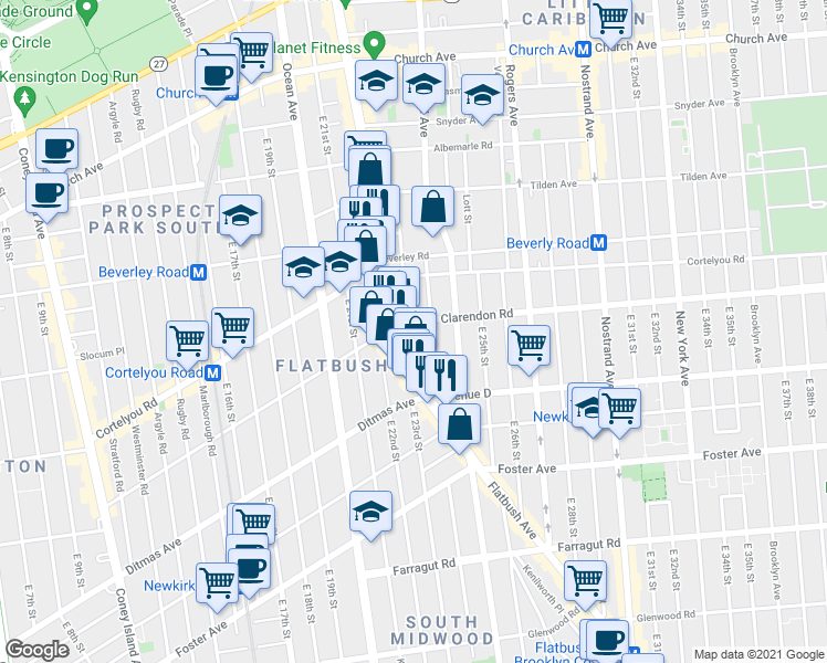 map of restaurants, bars, coffee shops, grocery stores, and more near 2242 Clarendon Road in Brooklyn
