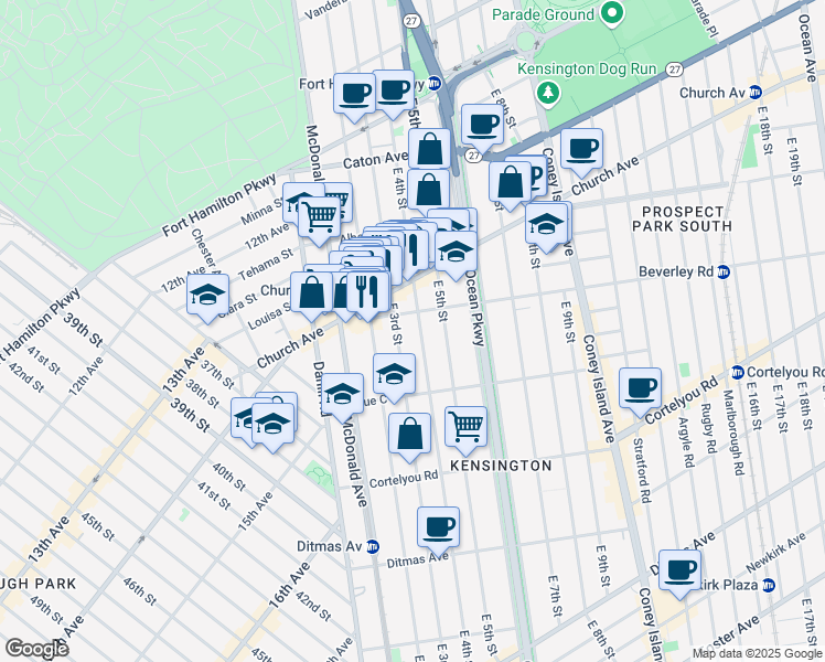 map of restaurants, bars, coffee shops, grocery stores, and more near 389 East 3rd Street in Brooklyn