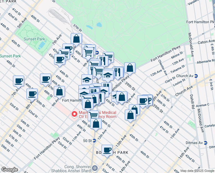 map of restaurants, bars, coffee shops, grocery stores, and more near 1039 42nd Street in Brooklyn