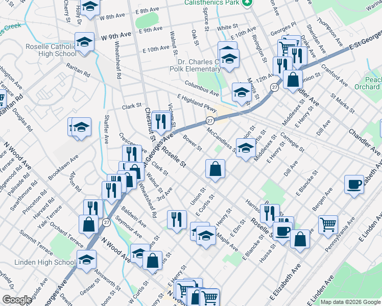 map of restaurants, bars, coffee shops, grocery stores, and more near 1413 Bower Street in Linden