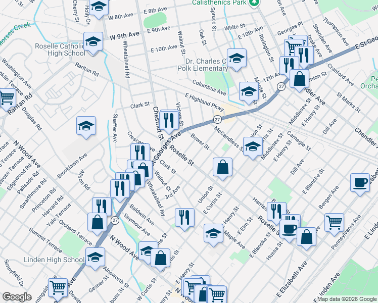map of restaurants, bars, coffee shops, grocery stores, and more near 612 Pierce Avenue in Linden