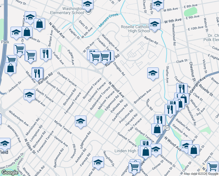 map of restaurants, bars, coffee shops, grocery stores, and more near 22 Robbinwood Terrace in Linden