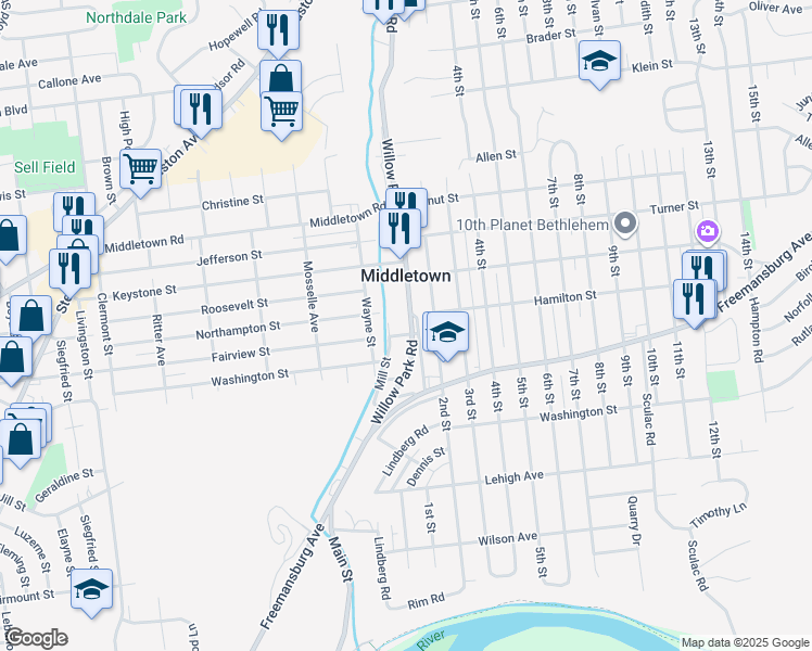 map of restaurants, bars, coffee shops, grocery stores, and more near 1907A Mill Street in Bethlehem
