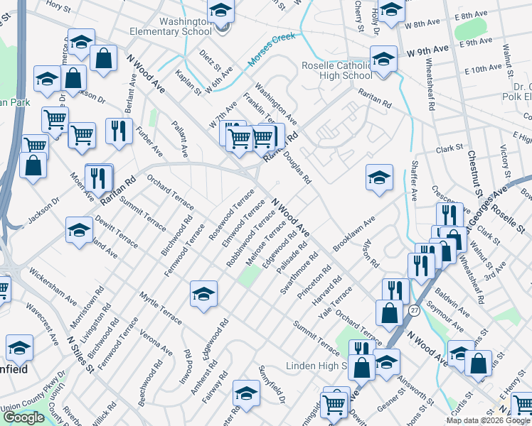 map of restaurants, bars, coffee shops, grocery stores, and more near 22 Robbinwood Terrace in Linden