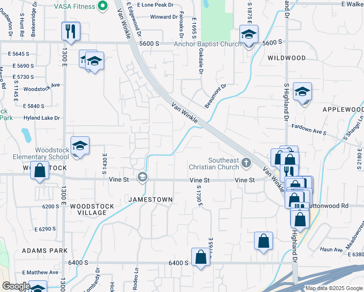 map of restaurants, bars, coffee shops, grocery stores, and more near 1712 Cannes Way in Murray