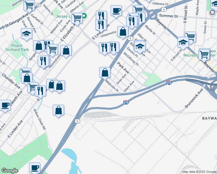 map of restaurants, bars, coffee shops, grocery stores, and more near 709 Louis Ave in Linden