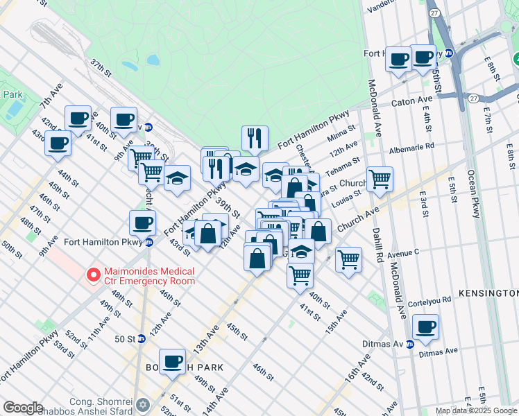 map of restaurants, bars, coffee shops, grocery stores, and more near 1205 38th Street in Brooklyn
