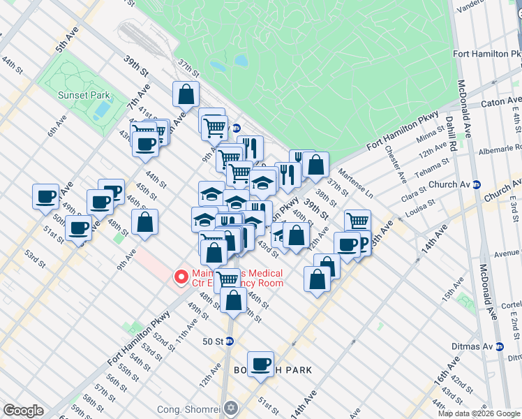 map of restaurants, bars, coffee shops, grocery stores, and more near 1039 42nd Street in Brooklyn