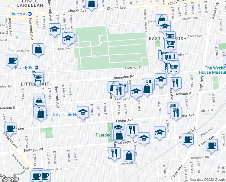 map of restaurants, bars, coffee shops, grocery stores, and more near 1269 Albany Avenue in Brooklyn