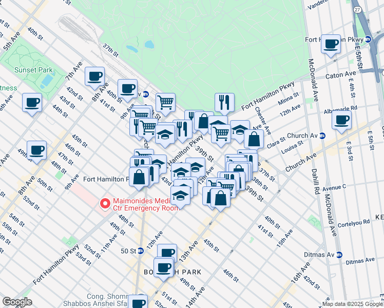 map of restaurants, bars, coffee shops, grocery stores, and more near 1119 40th Street in Brooklyn