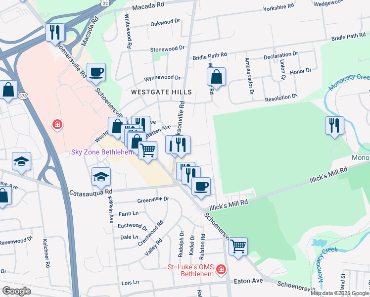 map of restaurants, bars, coffee shops, grocery stores, and more near 2362 Jacksonville Road in Bethlehem