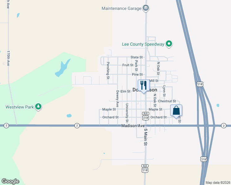 map of restaurants, bars, coffee shops, grocery stores, and more near 420 Dewey Avenue in Donnellson