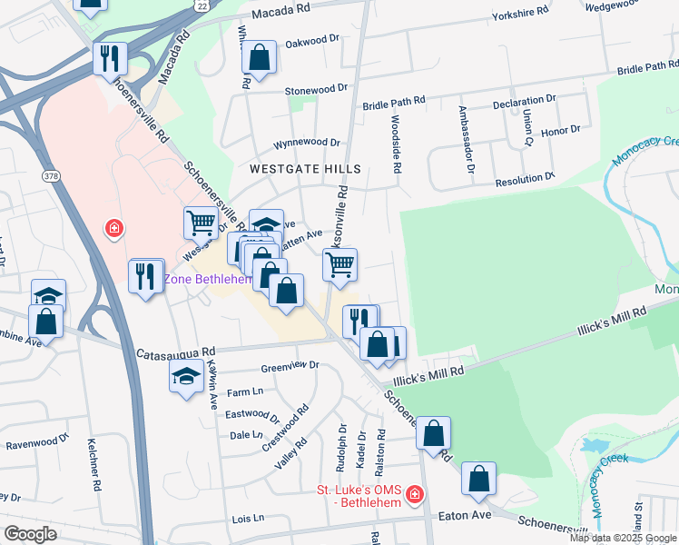 map of restaurants, bars, coffee shops, grocery stores, and more near 2362 Jacksonville Road in Bethlehem