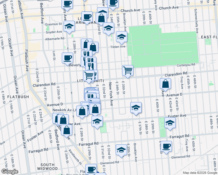 map of restaurants, bars, coffee shops, grocery stores, and more near 1245 New York Avenue in Brooklyn