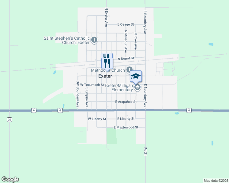 map of restaurants, bars, coffee shops, grocery stores, and more near 321 South Burlington Avenue in Exeter