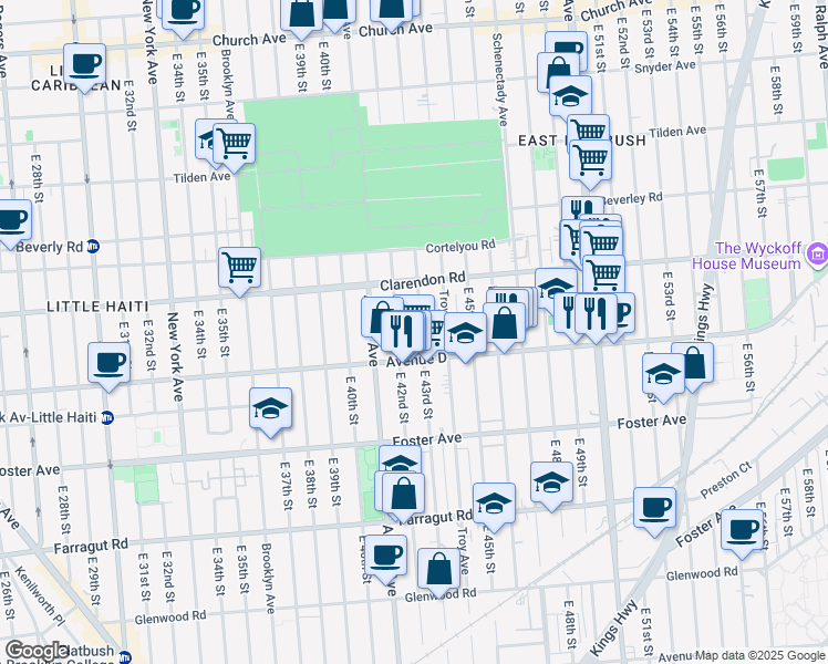 map of restaurants, bars, coffee shops, grocery stores, and more near 526 E 43rd St in Brooklyn