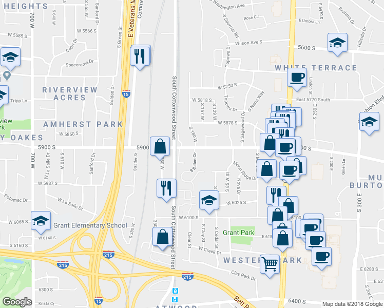 map of restaurants, bars, coffee shops, grocery stores, and more near 185 West 5900 South in Murray