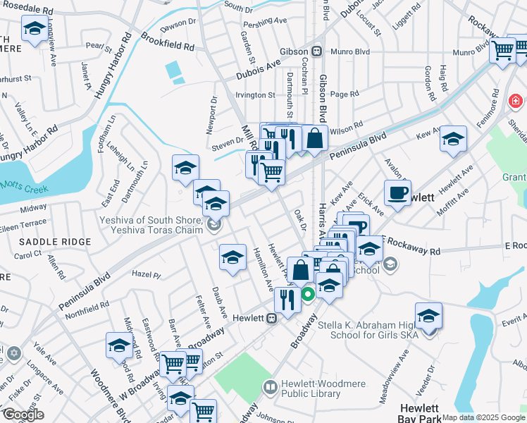 map of restaurants, bars, coffee shops, grocery stores, and more near 1242 Waverly Street in Hewlett