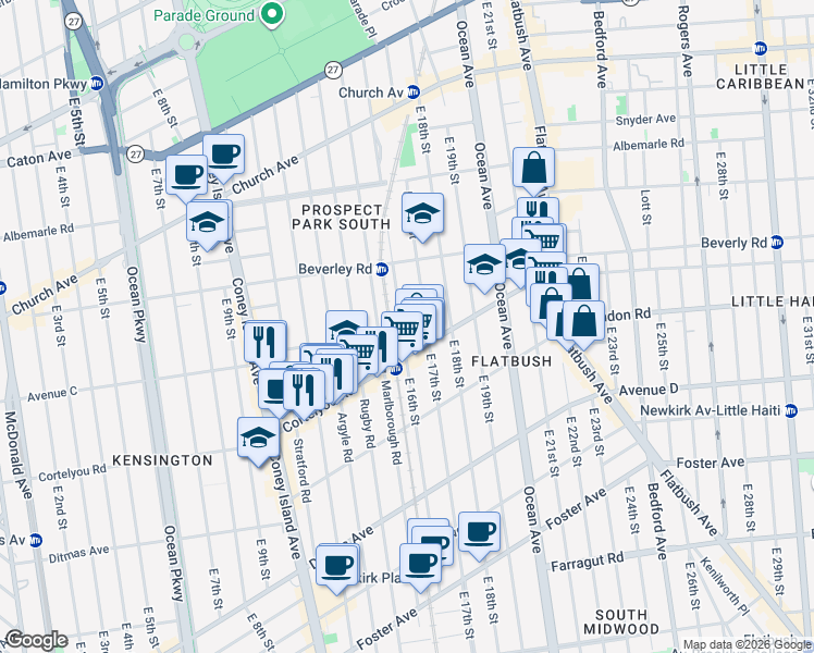 map of restaurants, bars, coffee shops, grocery stores, and more near 333 East 16th Street in Brooklyn