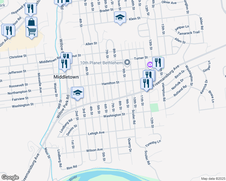 map of restaurants, bars, coffee shops, grocery stores, and more near 1834 7th Street in Bethlehem
