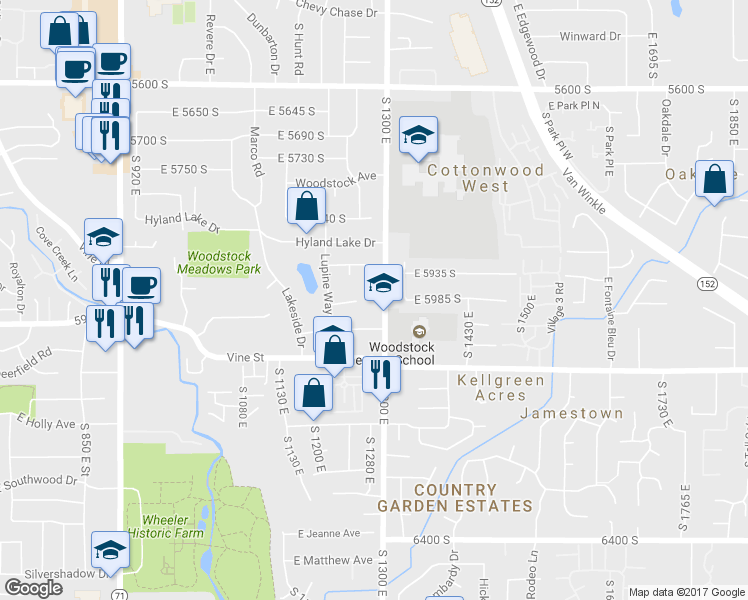 map of restaurants, bars, coffee shops, grocery stores, and more near 6002 South 1300 East in Murray