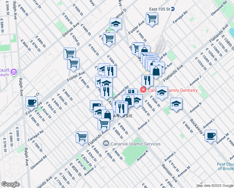 map of restaurants, bars, coffee shops, grocery stores, and more near 1098 East 92nd Street in Brooklyn