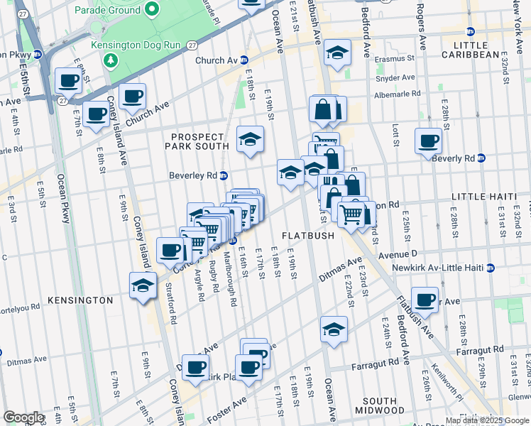 map of restaurants, bars, coffee shops, grocery stores, and more near 1715 Cortelyou Road in Brooklyn