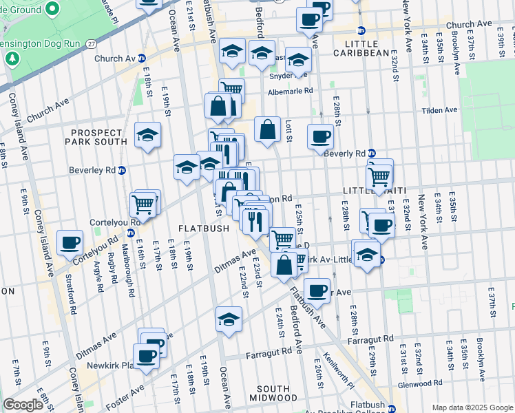 map of restaurants, bars, coffee shops, grocery stores, and more near 2242 Clarendon Road in Brooklyn