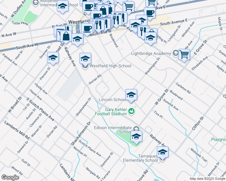 map of restaurants, bars, coffee shops, grocery stores, and more near 28 Stoneleigh Park in Westfield