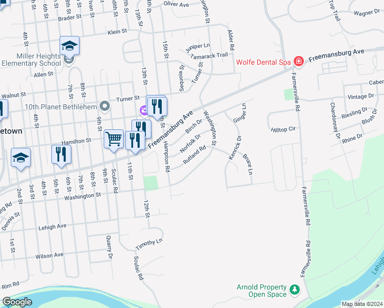 map of restaurants, bars, coffee shops, grocery stores, and more near 3943 Rutland Road in Bethlehem