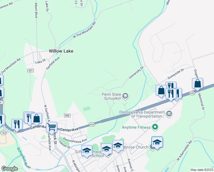 map of restaurants, bars, coffee shops, grocery stores, and more near 401 University Drive in Schuylkill Haven