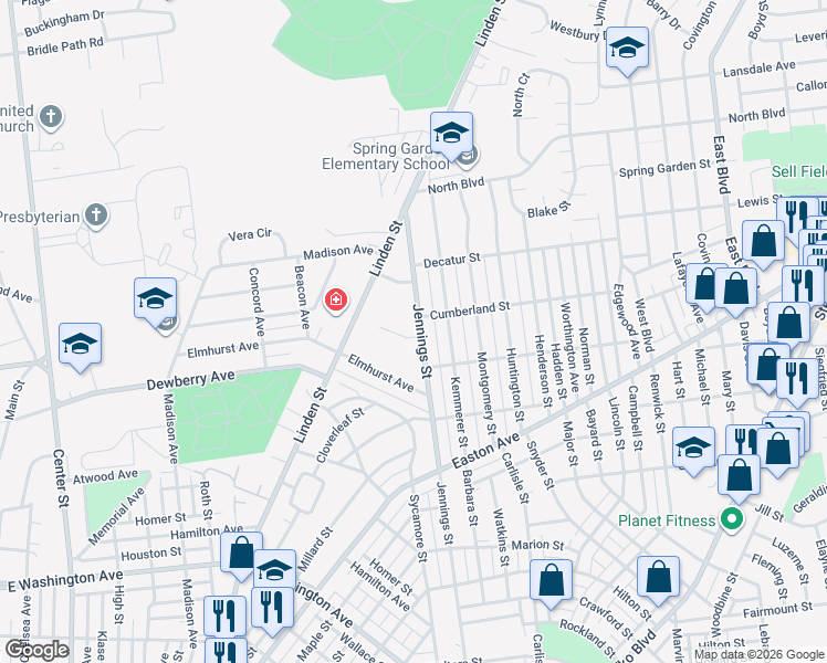 map of restaurants, bars, coffee shops, grocery stores, and more near 2143 Jennings Street in Bethlehem