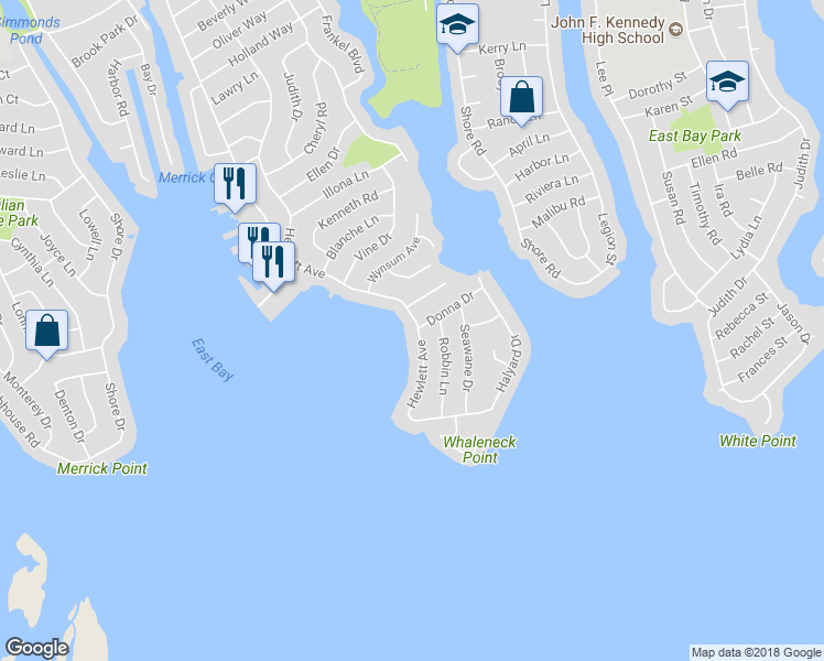 map of restaurants, bars, coffee shops, grocery stores, and more near 3288 Hewlett Avenue in Merrick