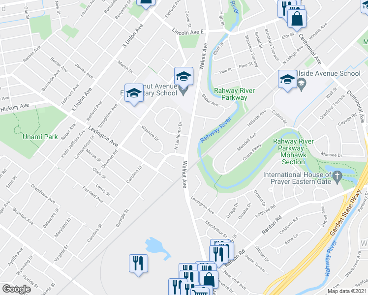 map of restaurants, bars, coffee shops, grocery stores, and more near 414 Walnut Avenue in Cranford