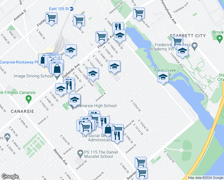 map of restaurants, bars, coffee shops, grocery stores, and more near 10122 Avenue K in Brooklyn