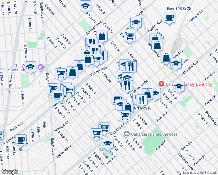 map of restaurants, bars, coffee shops, grocery stores, and more near 591 East 88th Street in Brooklyn