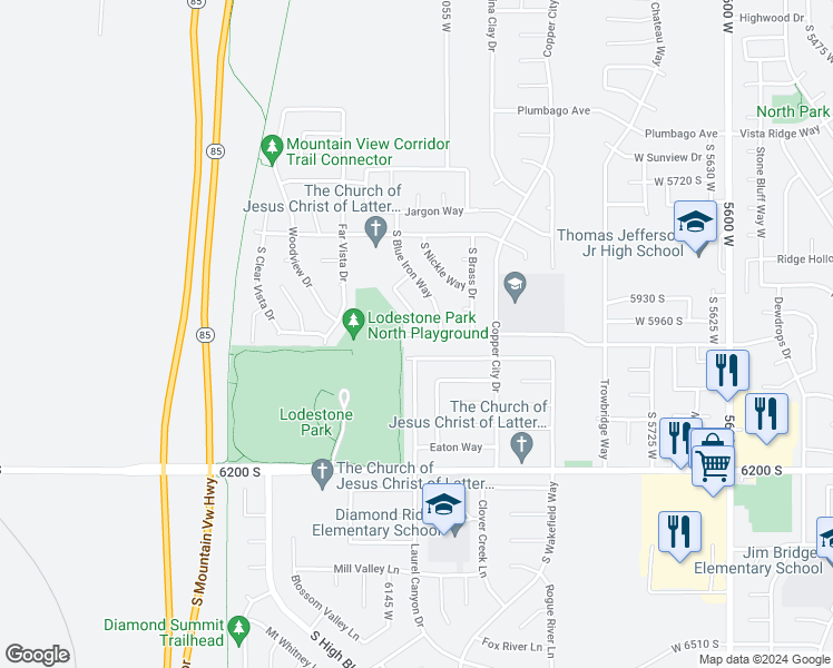 map of restaurants, bars, coffee shops, grocery stores, and more near 6170 Lodestone Avenue in Kearns